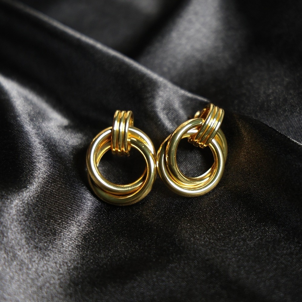 Gold Stainless Steel Interlocking Triple Hoop Door Knocker Stud Earrings JW034